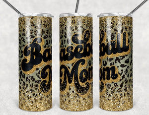 Baseball Mom black leopard glitter 20oz Skinny Tumbler