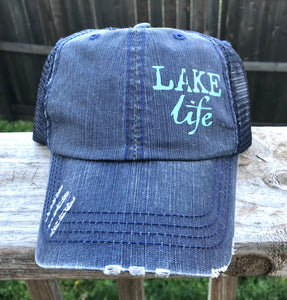 Lake life Navy distressed hat