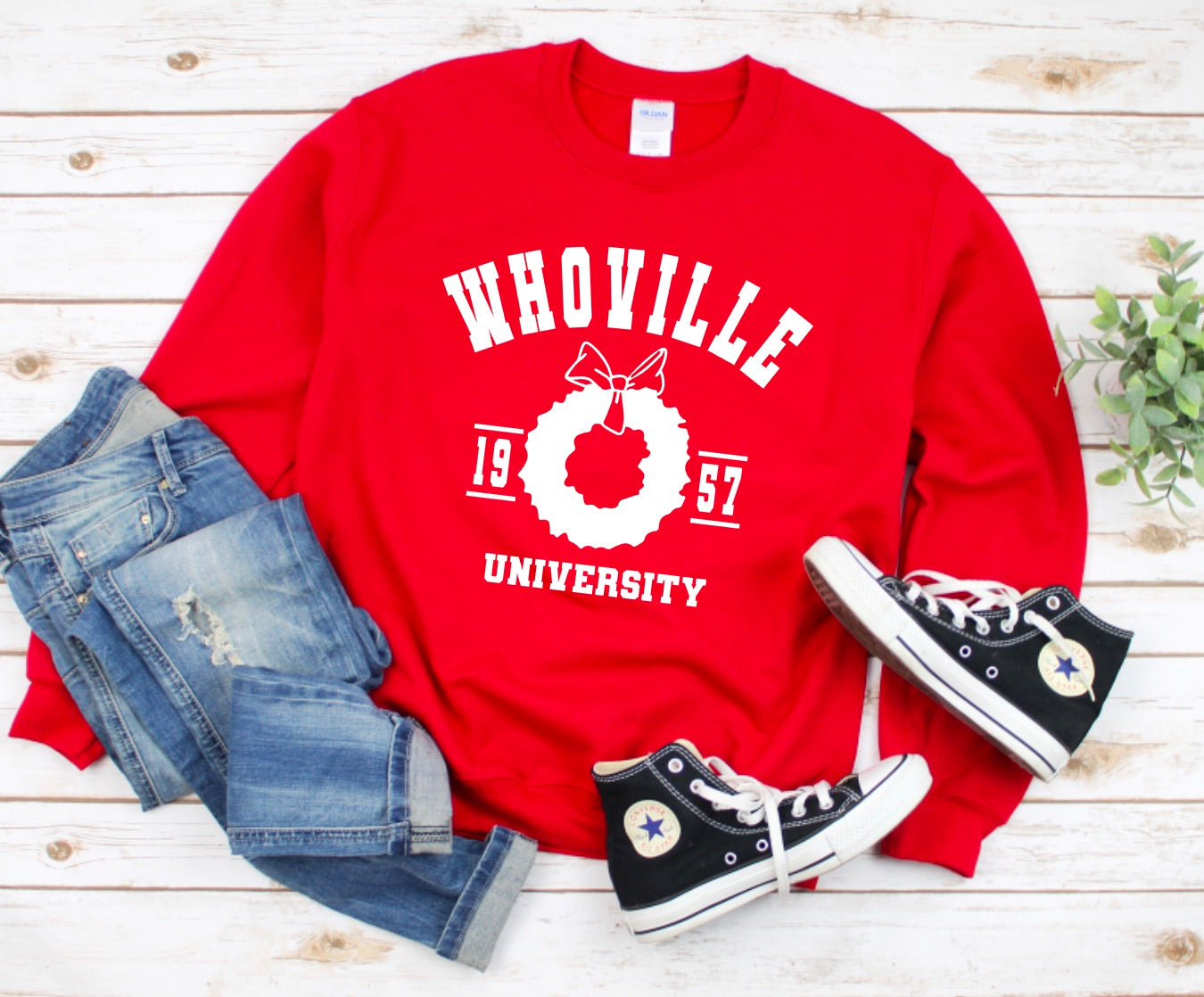 Whoville University unisex red crewneck sweatshirt