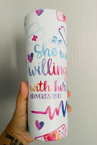Nurse She Works willingly with her Hands watercolor 20oz Skinny Tumbler
