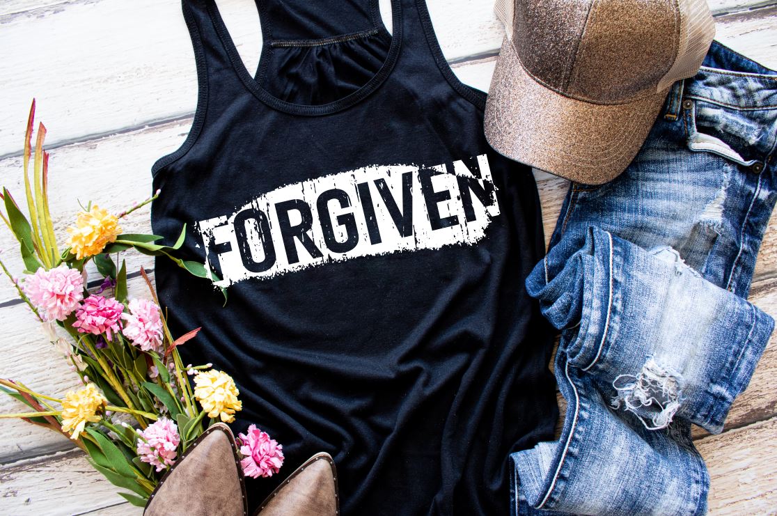 Forgiven in white on unisex tee or womens flowy racerback tank