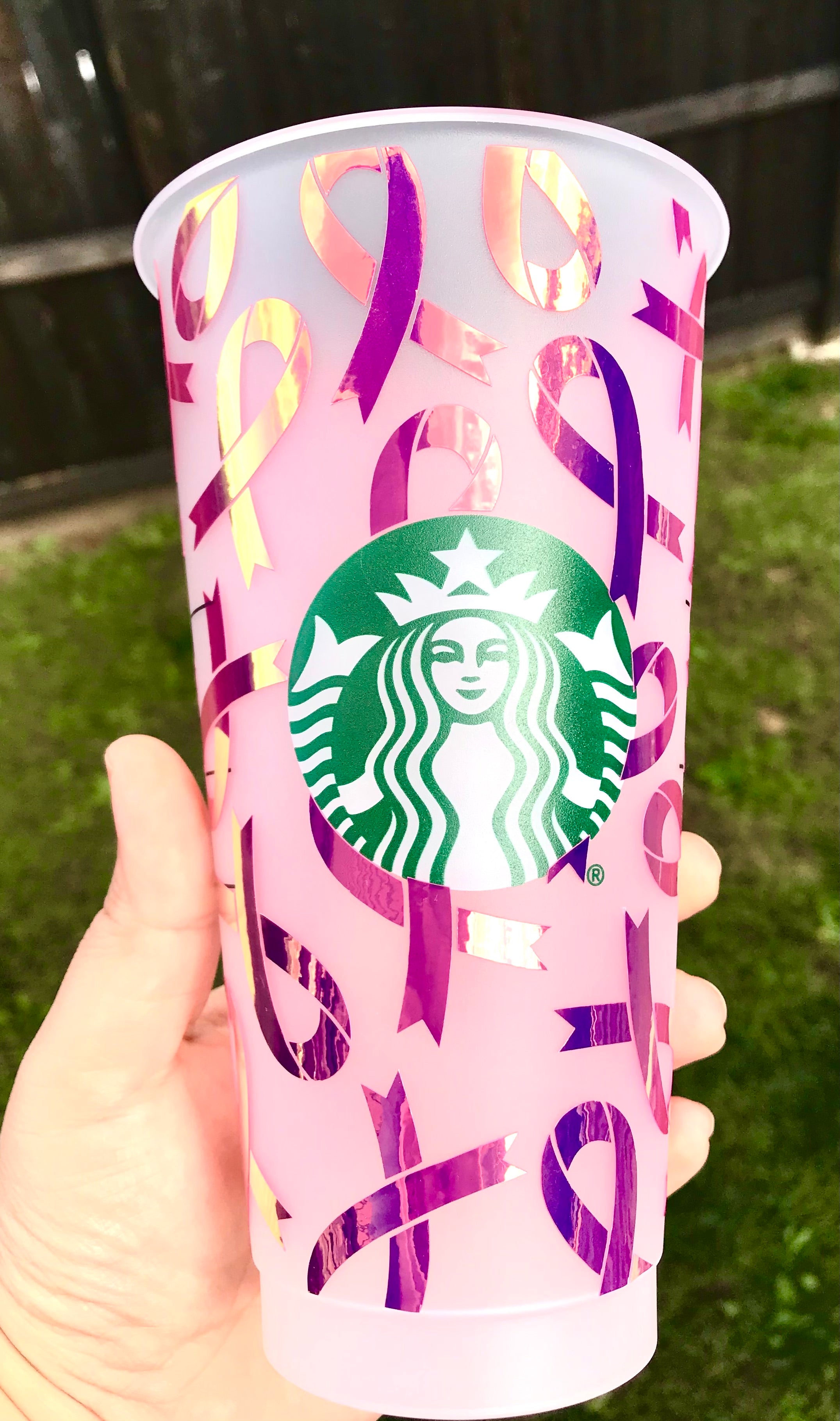 Starbucks cold cup Pink Opal ribbon wrap design