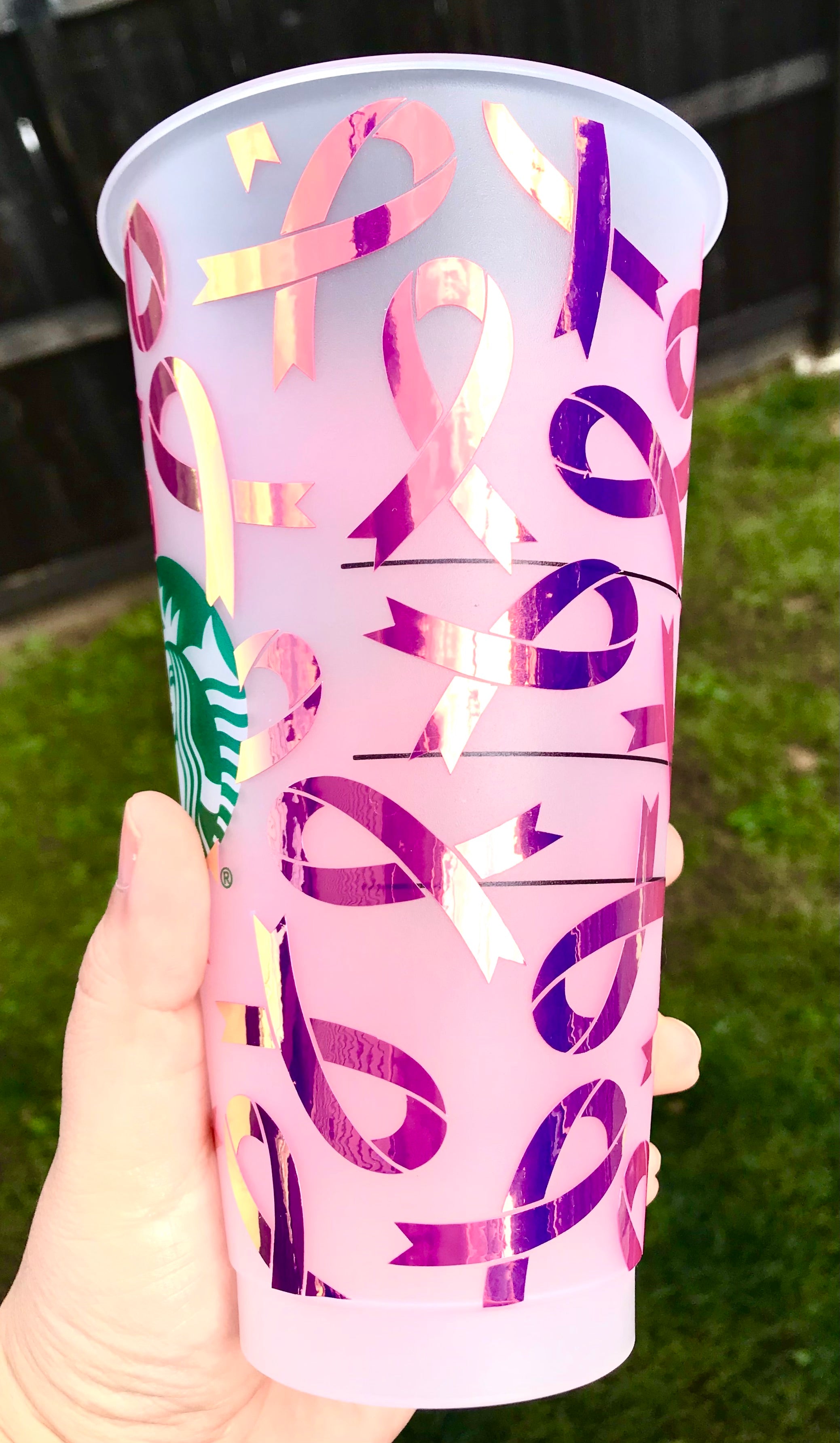 Starbucks cold cup Pink Opal ribbon wrap design