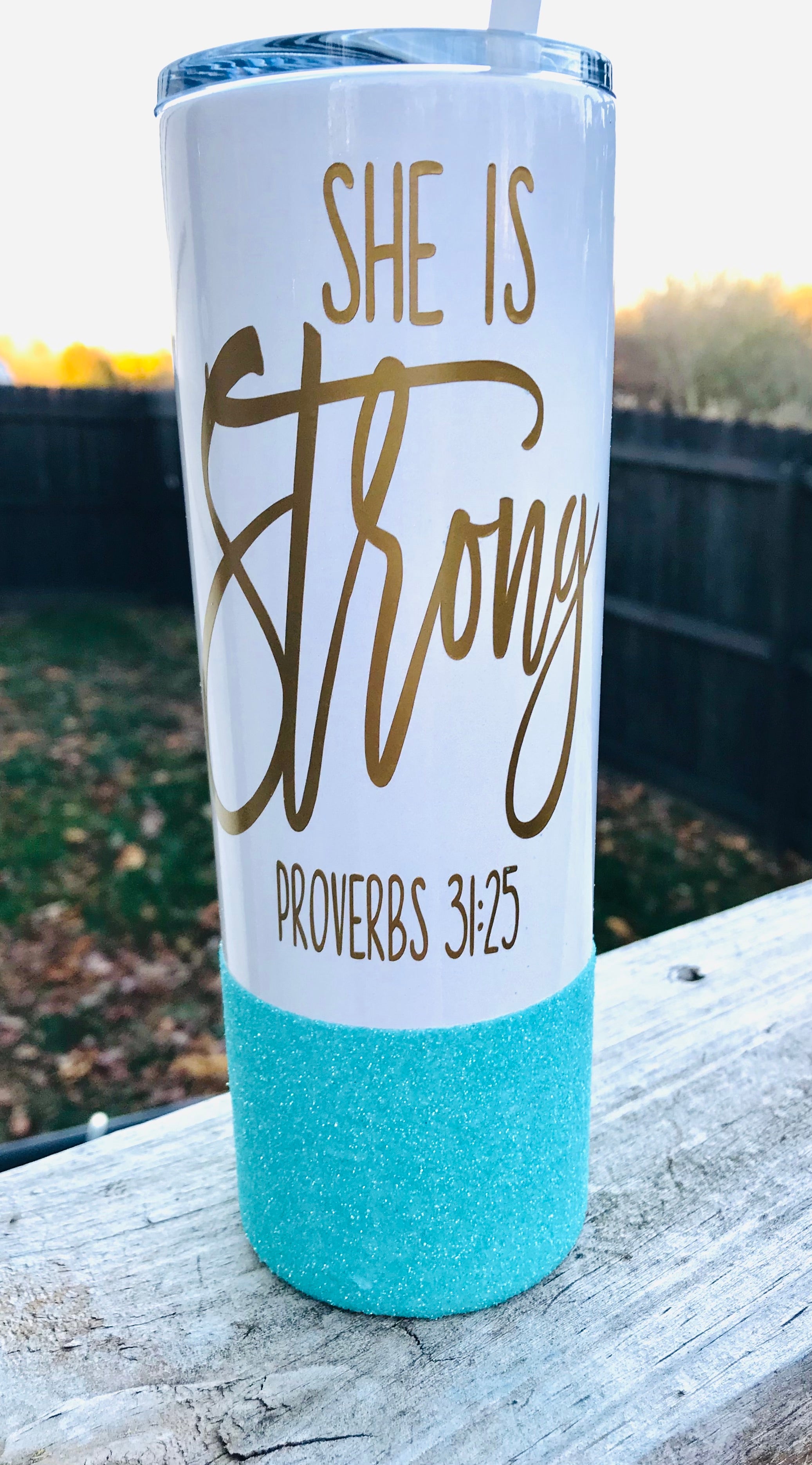 She is Strong gold with aqua glitter glitter 20 oz glitter white tumbler