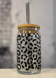 Glitter Leopard print wrap 16oz or 20 oz Libbey beer can glass