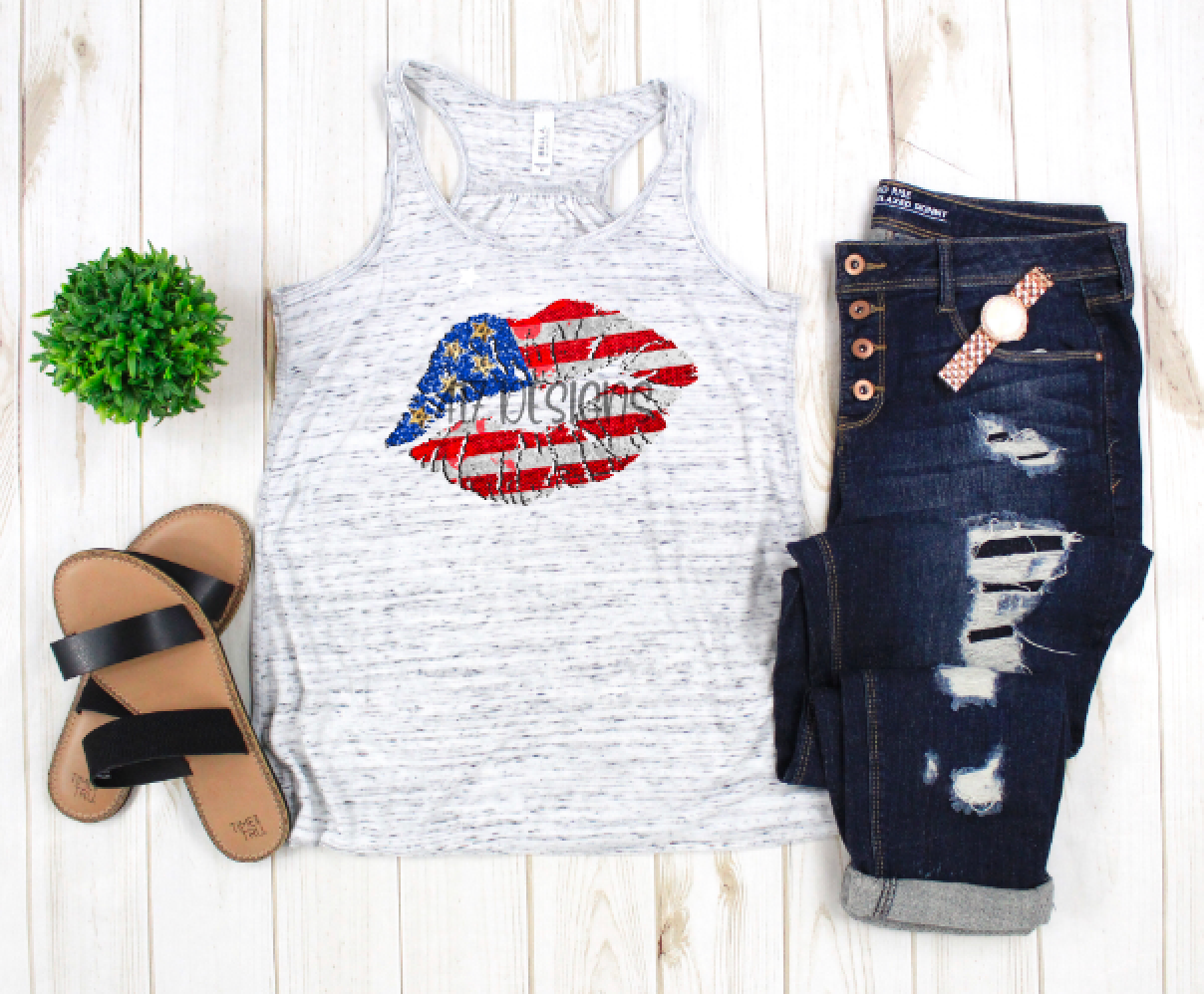 Patriotic Lips on Flowy Racerback tank or Muscle Tank