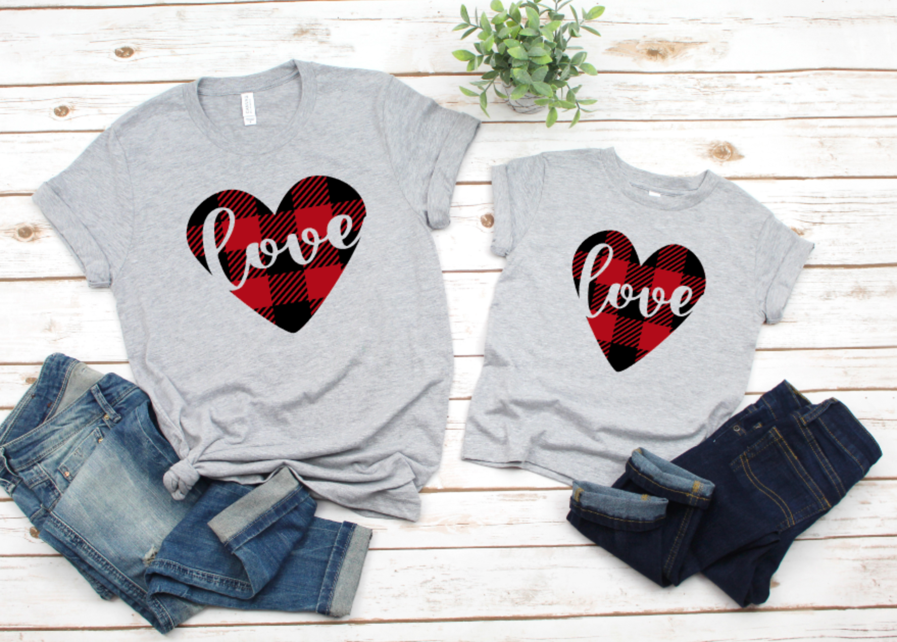 Red Plaid love heart unisex adult and youth tee