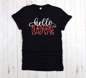 Hello Love red plaid unisex tee