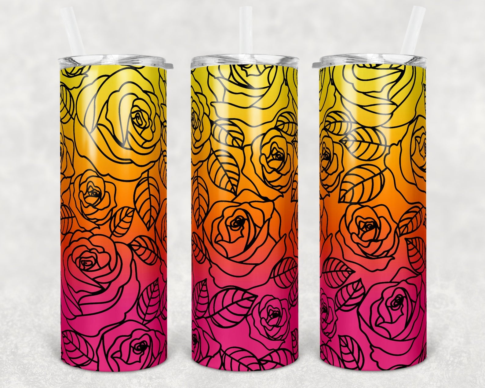 Roses Outline yellow to pink ombre 20oz Skinny Tumbler