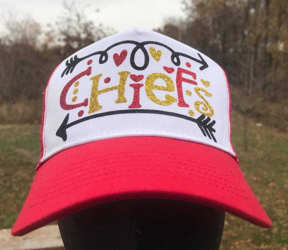 Chiefs Glitter Trucker Hat Red/White in Glitter with arrows Mesh snap back