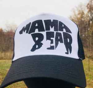 Mama Bear black glitter Trucker Hat Black and White mesh back snap adjustable
