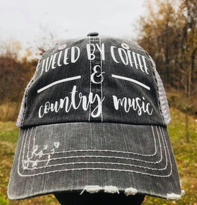 Fueled By Coffee & Country Music white glitter distressed black/gray mesh hat snap adjustable
