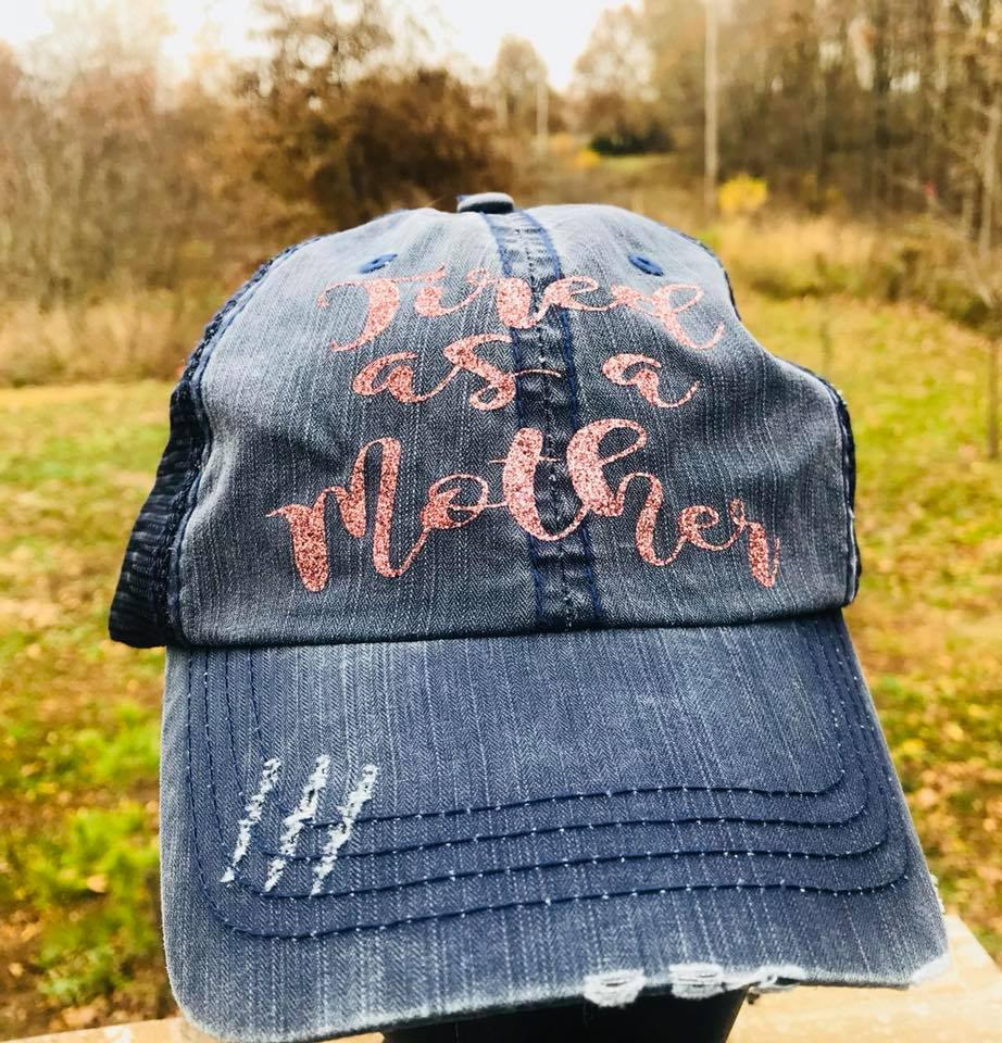 Tired as a Mother Rose Gold Glitter on Navy Distressed hat