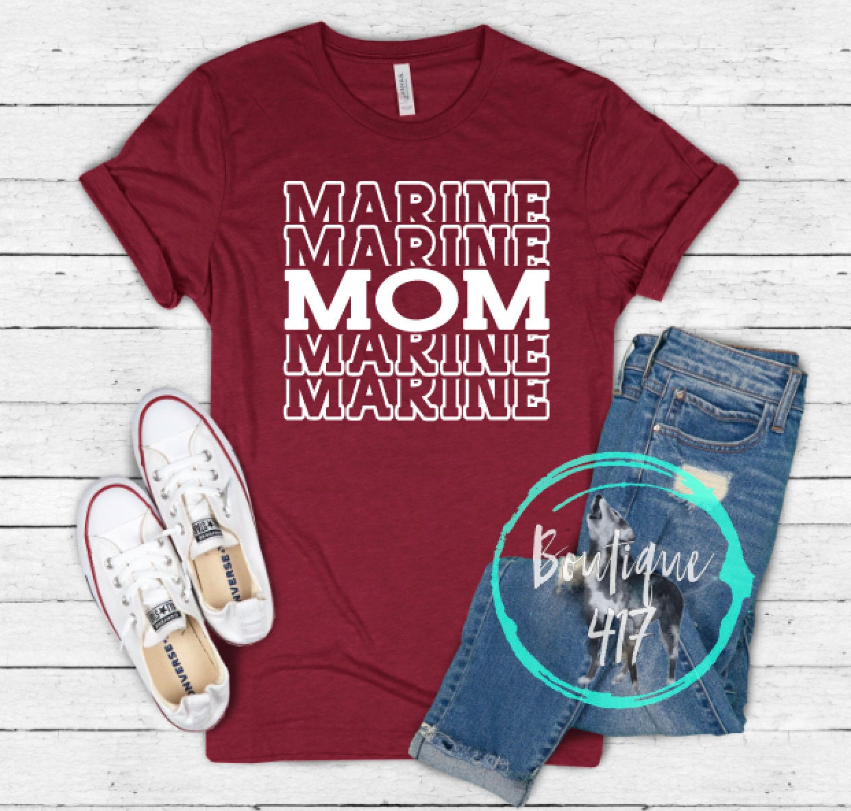 Marine Mom military mom unisex crew Bella Canvas tee heather cardinal white lettering