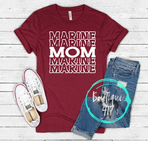 Marine Mom military mom unisex crew Bella Canvas tee heather cardinal white lettering