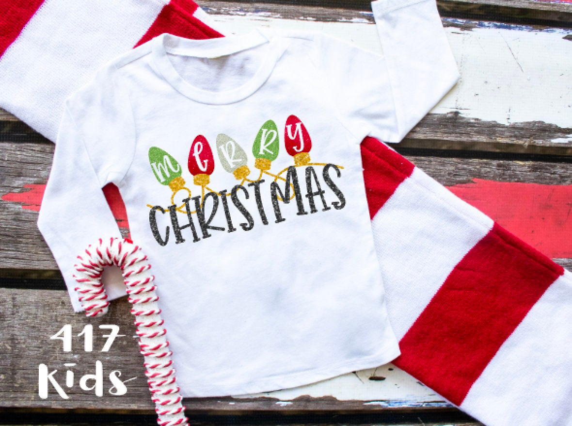 Merry Christmas lights glitter youth toddler long sleeve white